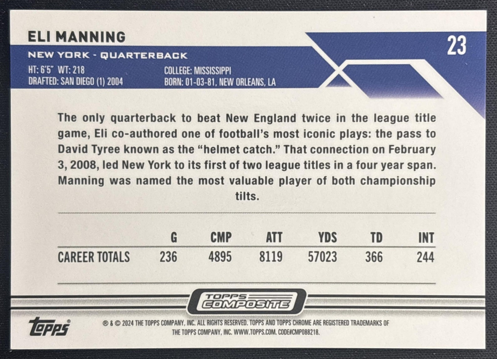 Eli Manning 2023 Topps Composite Chrome Purple Speckle Refractor /250 Giants back