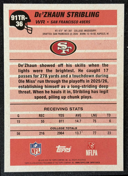 De'Zhaun Stribling 2026 Topps 1991 Rookie 49ers back
