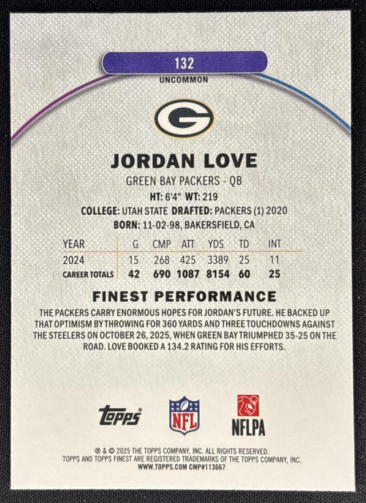 Jordan Love 2025 Topps Finest Uncommon Purple X-Fractor /99 Packers Sports Trading Cards