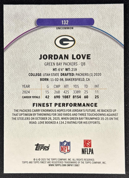 Jordan Love 2025 Topps Finest Uncommon Purple X-Fractor /99 Packers Sports Trading Cards