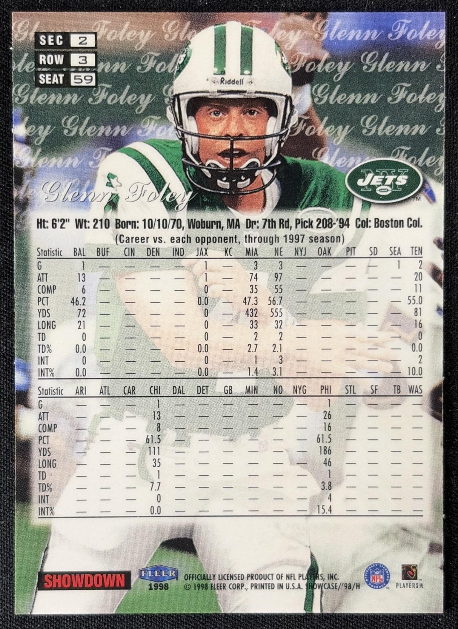 Glenn Foley 1998 Fleer Flair Showcase Row 2 Style Jets back