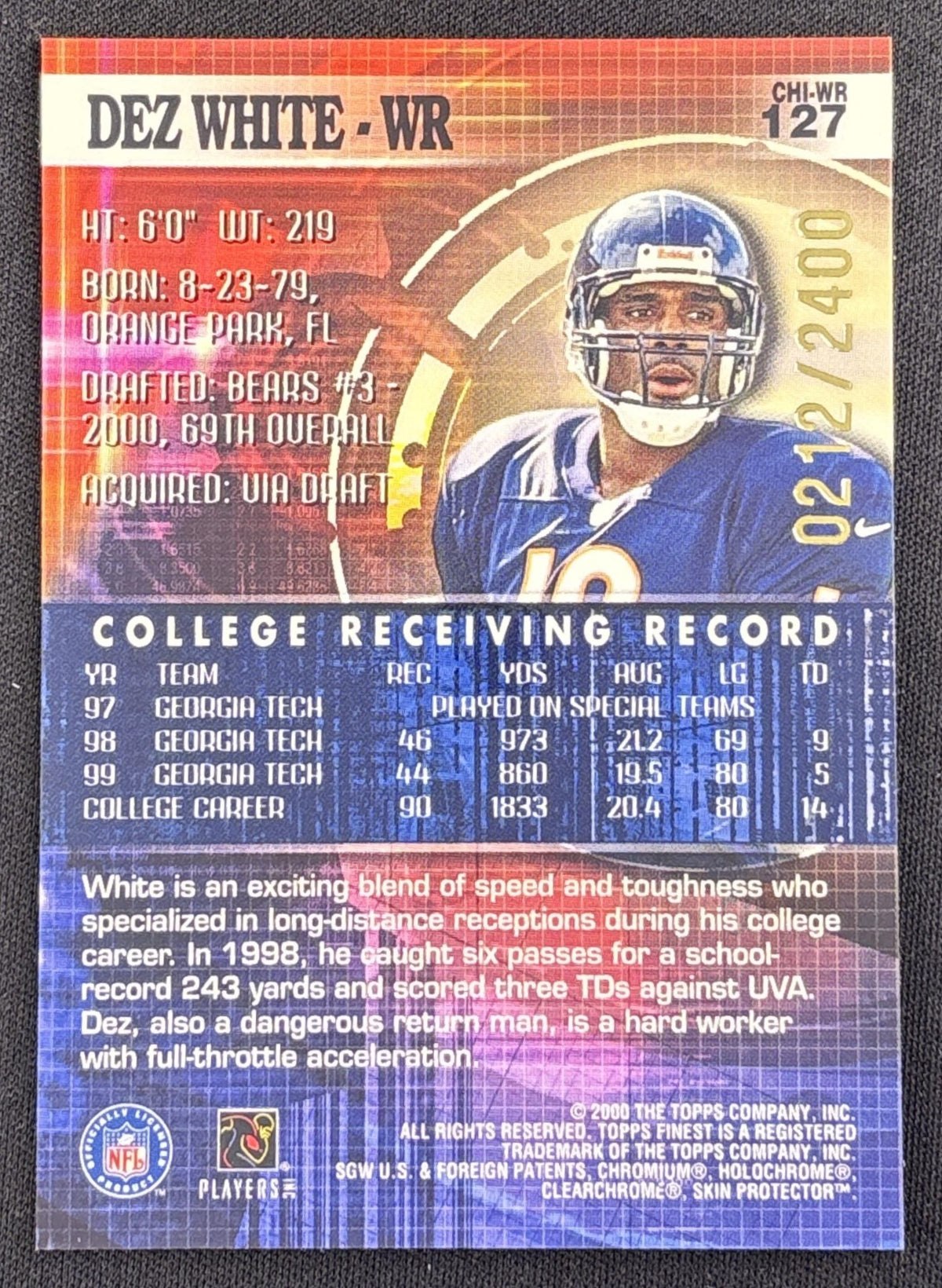 Dez White 2000 Topps Finest /2400 Bears