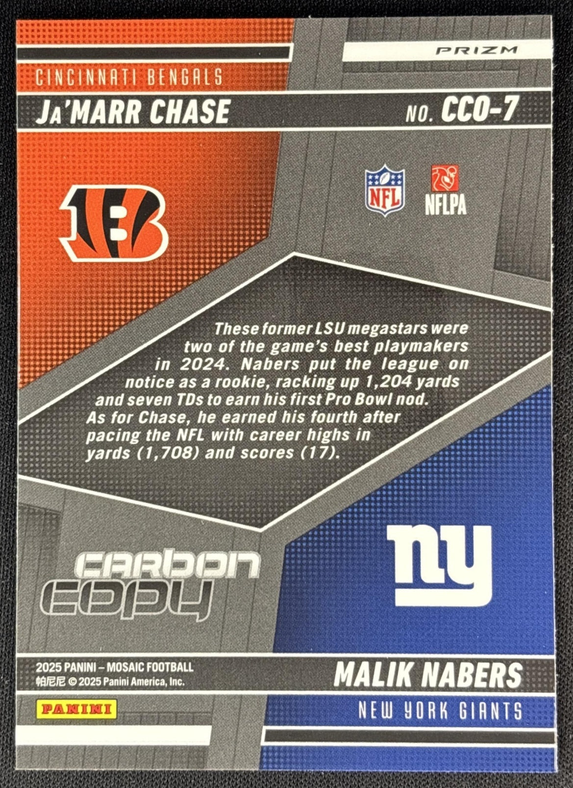 Ja'Marr Chase Malik Nabers 2025 Panini Mosaic Carbon Copy Silver BEngals Giants