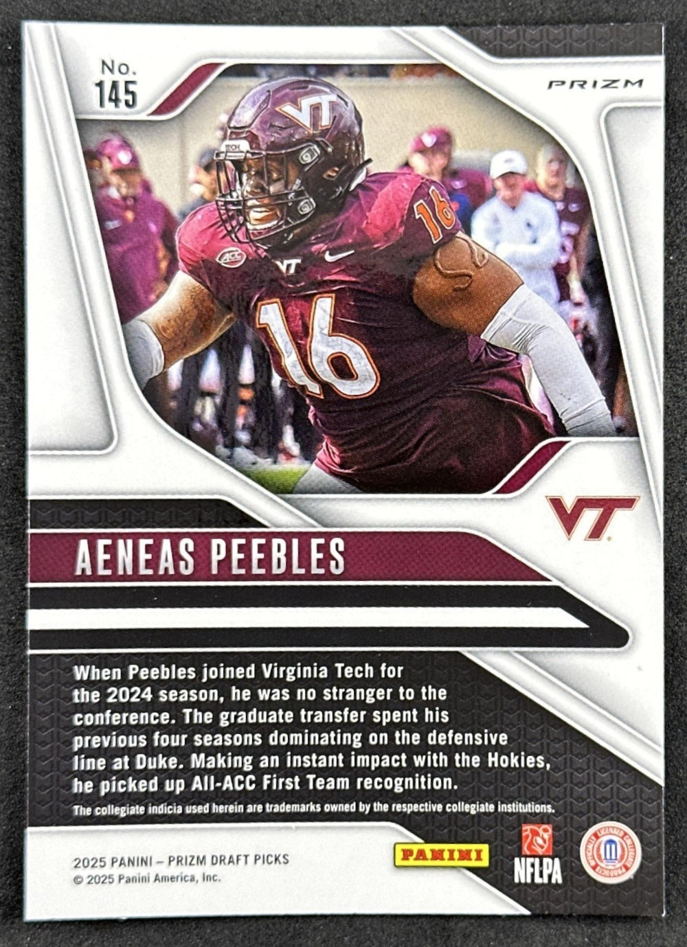 Aeneas Peebles 2025 Panini Prizm Draft Picks Red Ice Hokies Ravens - Back