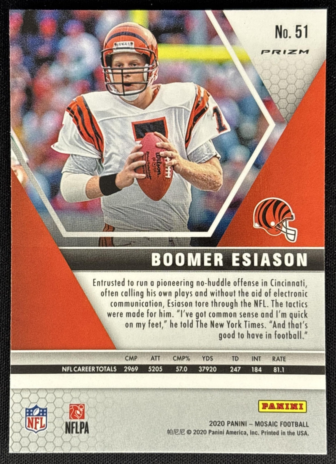 Boomer Esiason 2020 Panini Mosaic Prizm Camo Pink Bengals back