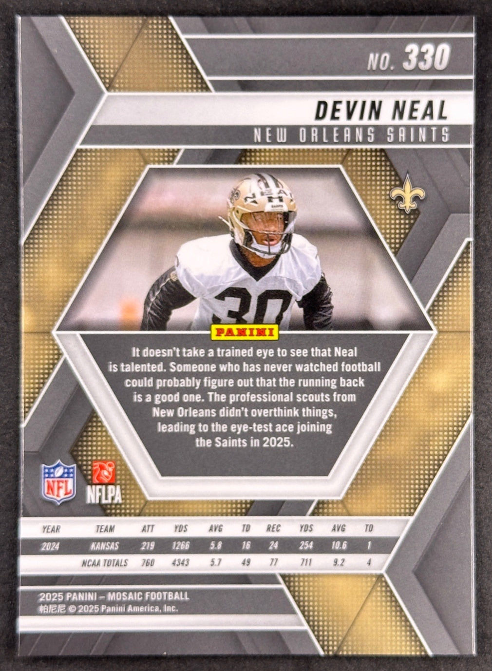 Devin Neal 2025 Mosaic Rookies Saints Sports Trading Card