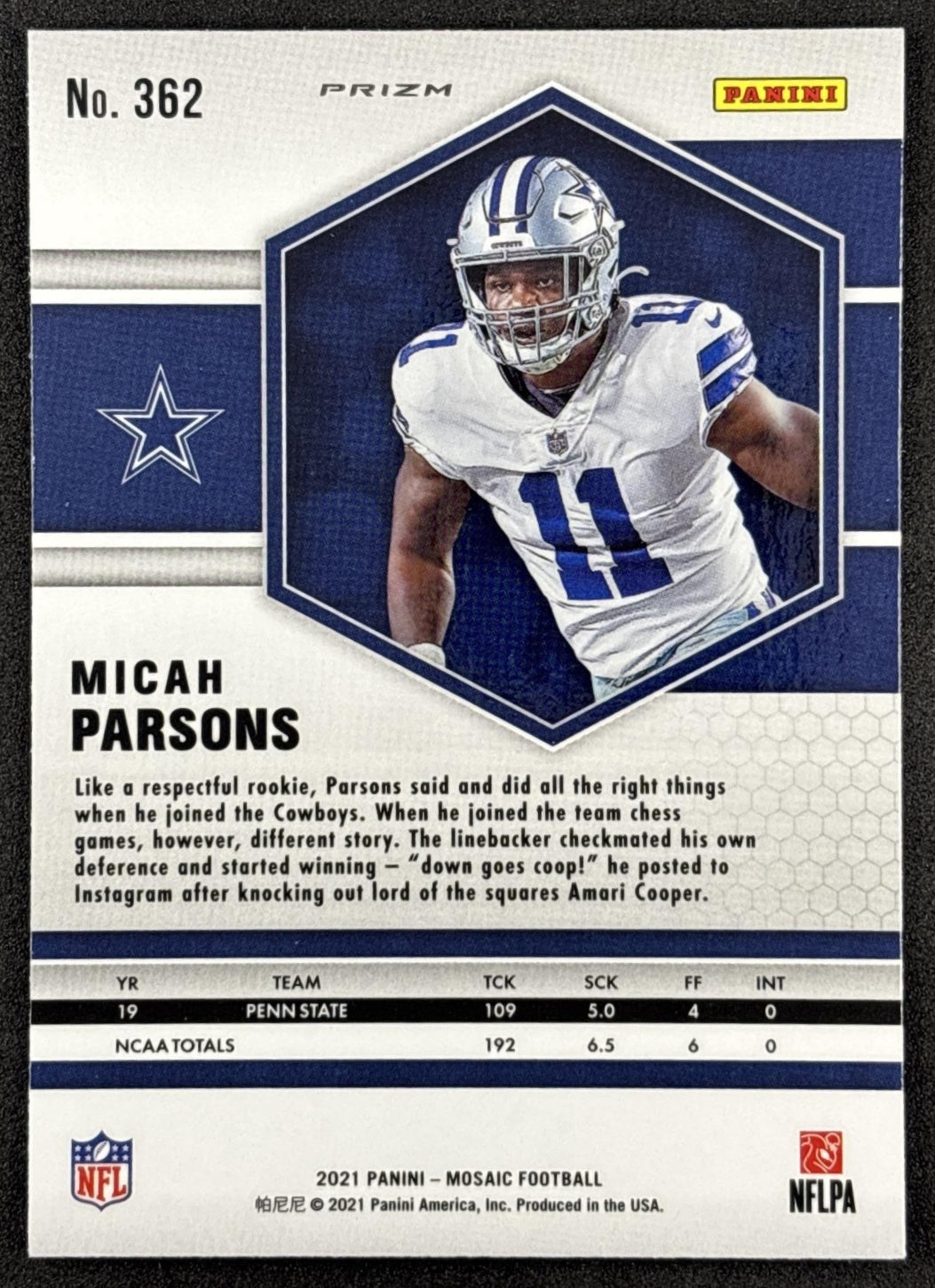 Micah Parsons 2021 Panini Mosaic Prizm Reactive Orange Cowboys back