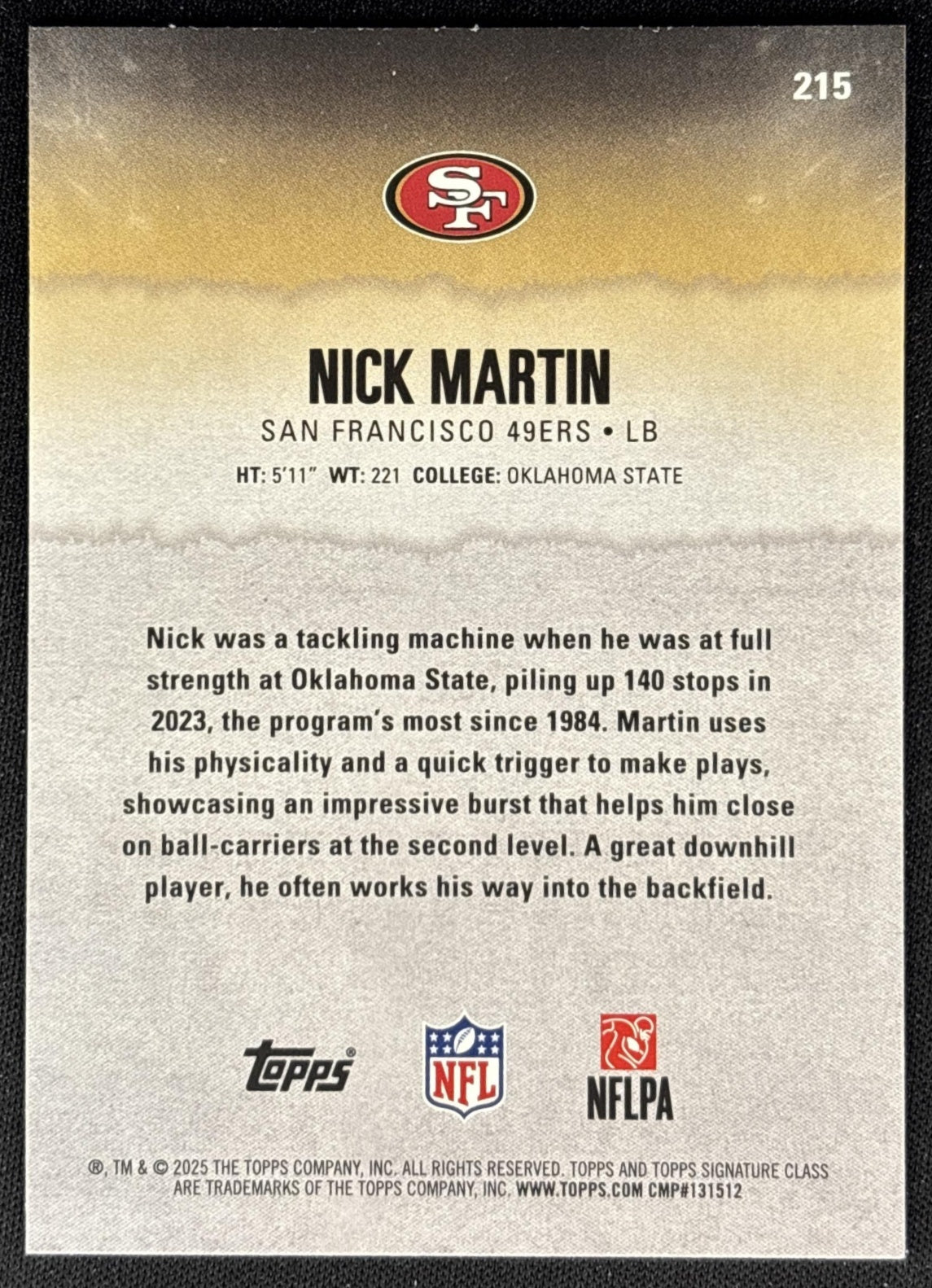 Nick Martin 2025 Topps Signature Class Rookie Blue & Yellow Foil 49ers - Back