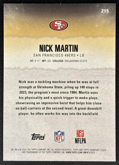 Nick Martin 2025 Topps Signature Class Rookie Blue & Yellow Foil 49ers - Back