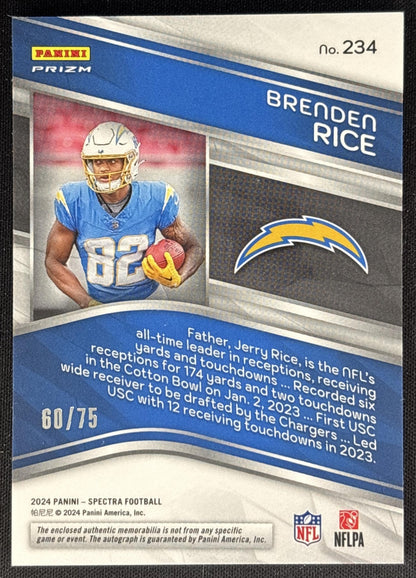 *Damaged* Brenden Rice 2024 Panini Spectra Rookie Patch Auto Celestial /75 Chargers Sports Trading Cards