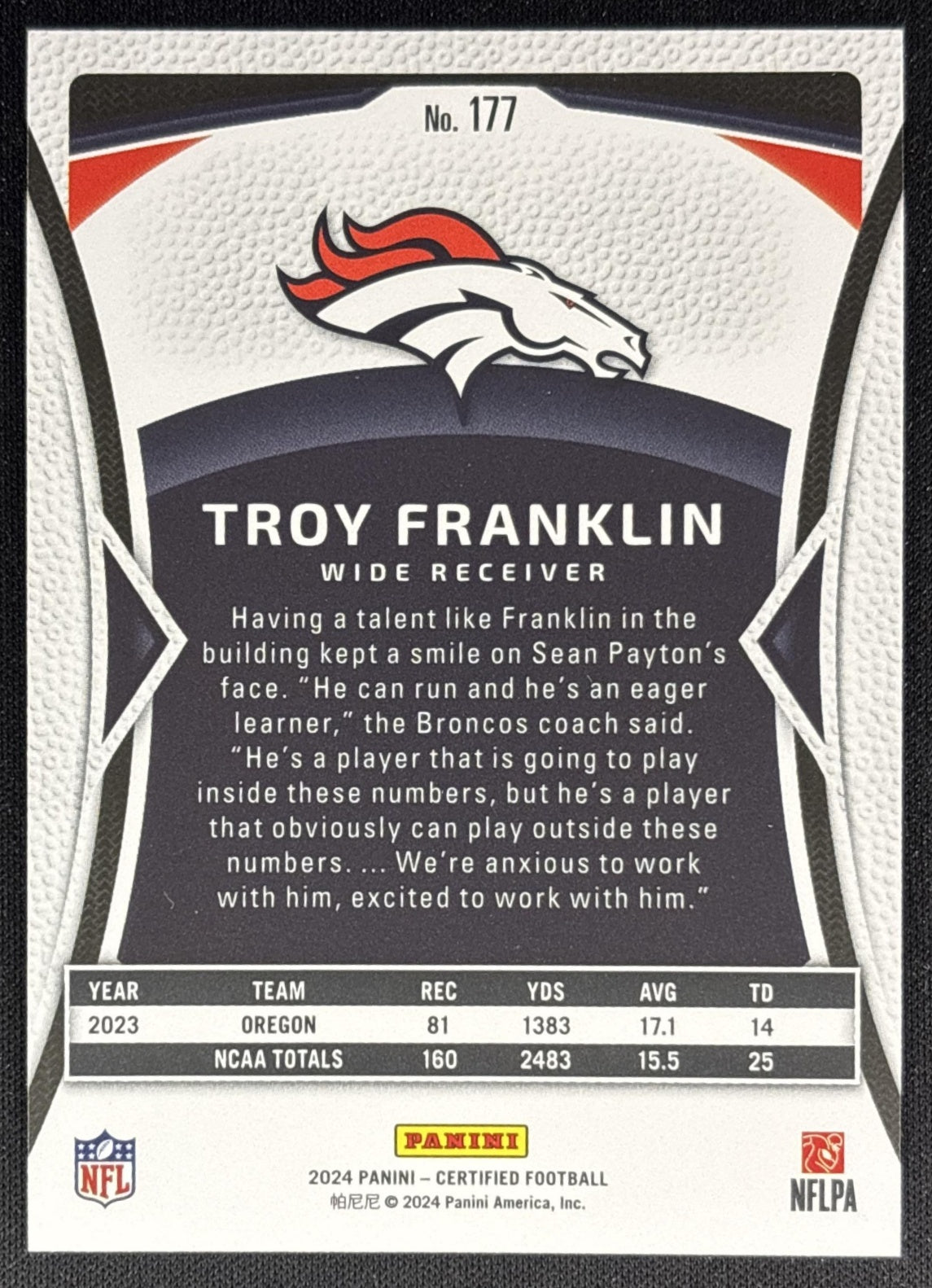Troy Franklin 2024 Panini Certified Rookies Orange Mirror /150 Broncos back