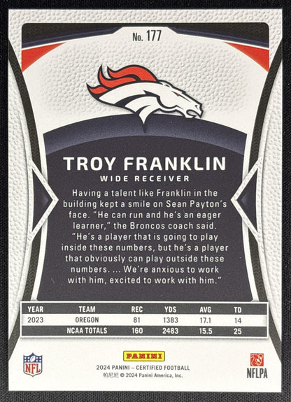 Troy Franklin 2024 Panini Certified Rookies Orange Mirror /150 Broncos back