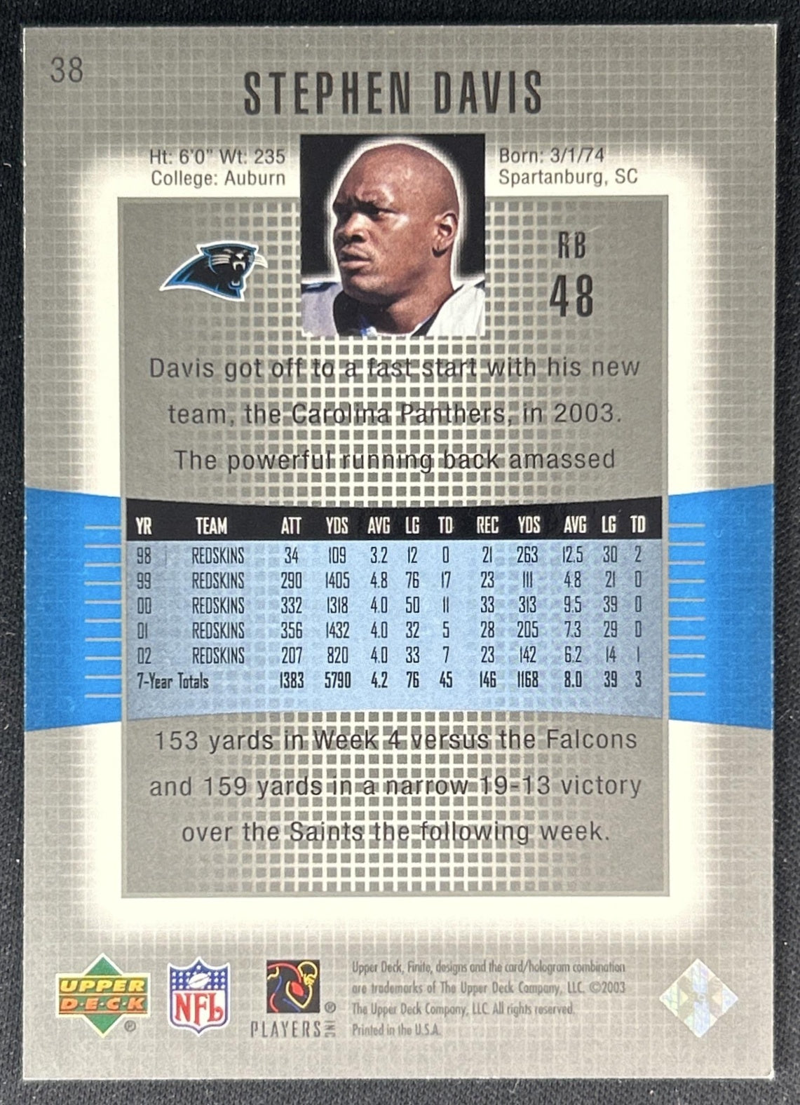 Stephen Davis 2003 Upper Deck Finite /2350 Panthers back