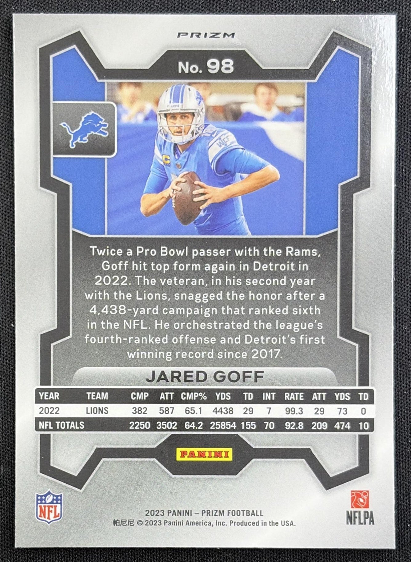 Jared Goff 2023 Panini Prizm Neon Green Pulsar Lions