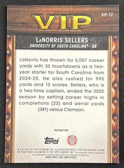 LaNorris Sellers 2026 Bowman Very Important Prospects Refractor Gamecocks