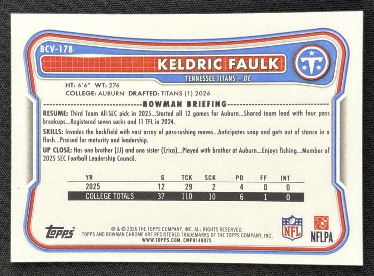 Keldric Faulk 2026 Bowman Chrome NFL Mojo Refractor Titans Sports Trading Card