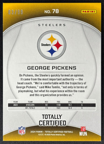 George Pickens 2024 Certified Ballers Mirror Orange /99 Steelers - Back