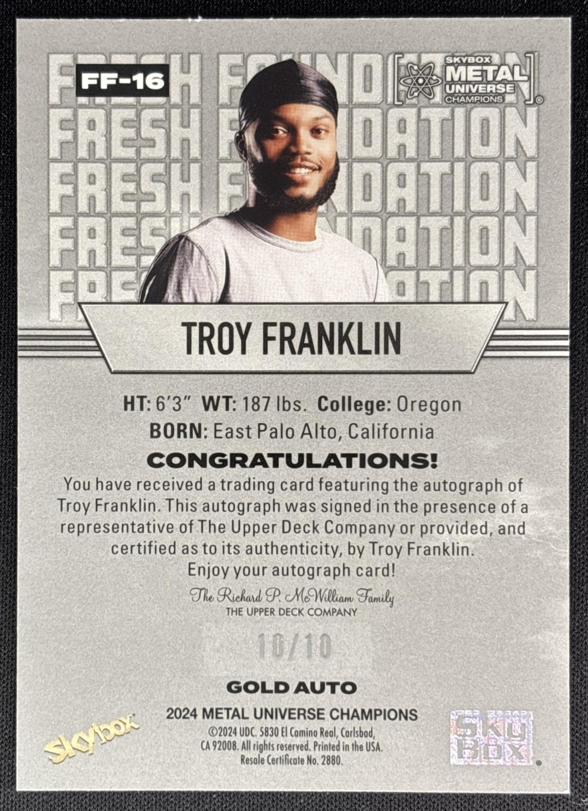 Troy Franklin 2024 SkyBox Metal Universe Champions Fresh Foundation Auto Gold /10 Sports Trading Cards