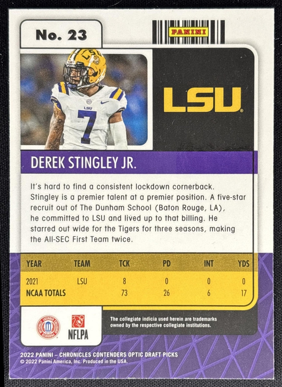 Derek Stingley Jr. 2022 Panini Chronicles Draft Picks Contenders Optic Tigers back