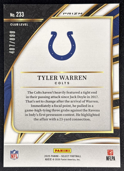 Tyler Warren 2025 Panini Select Club Level Copper Prizm Shock /899 Colts back