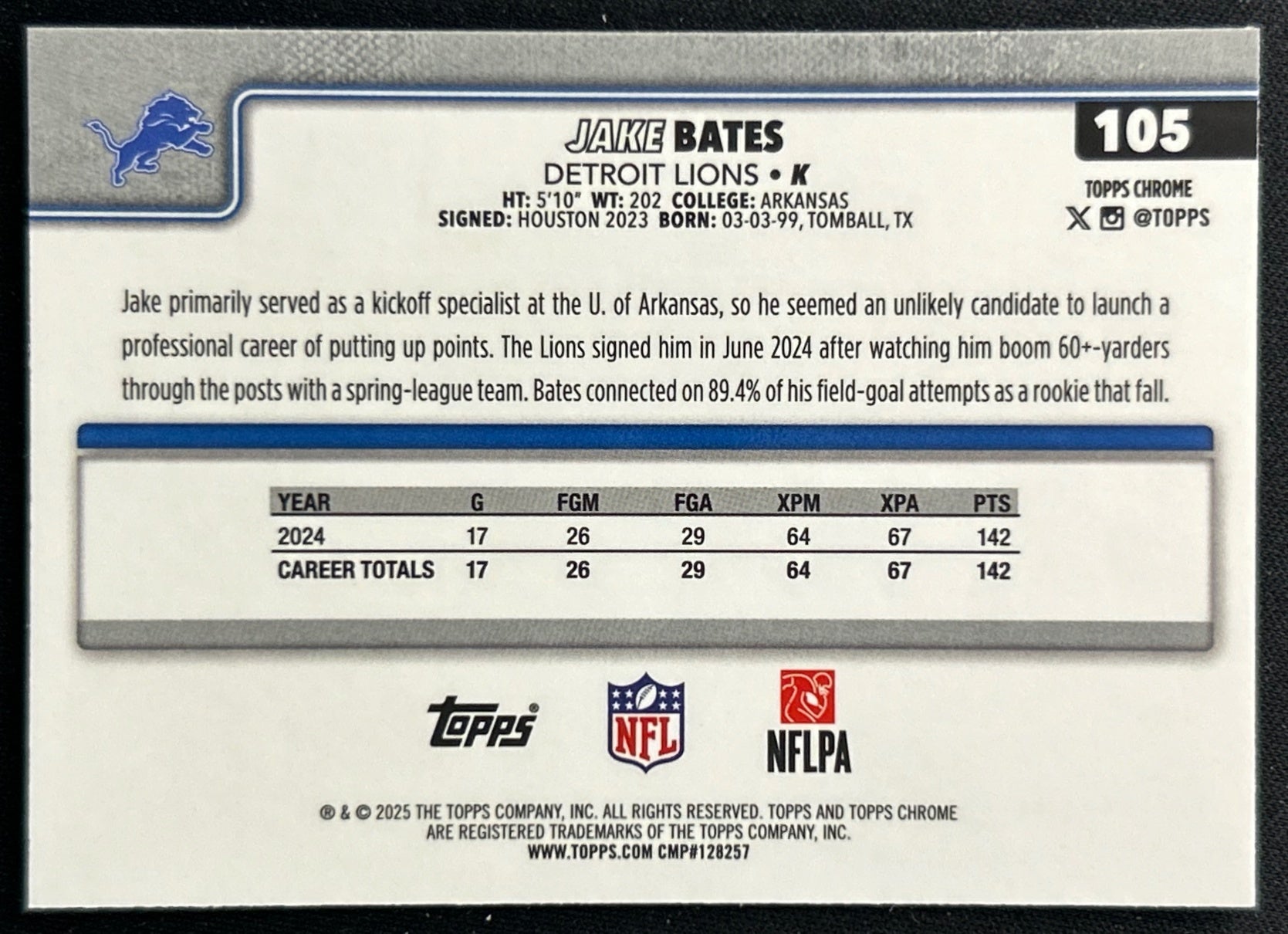 Jake Bates 2025 Topps Chrome Lions Sports Trading Cards