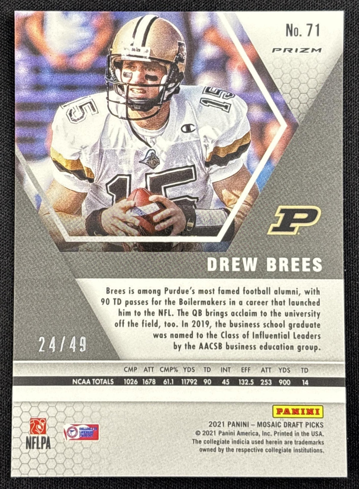 Drew Brees 2021 Panini Mosaic Draft Picks Mosaic Purple /49 Saints - back