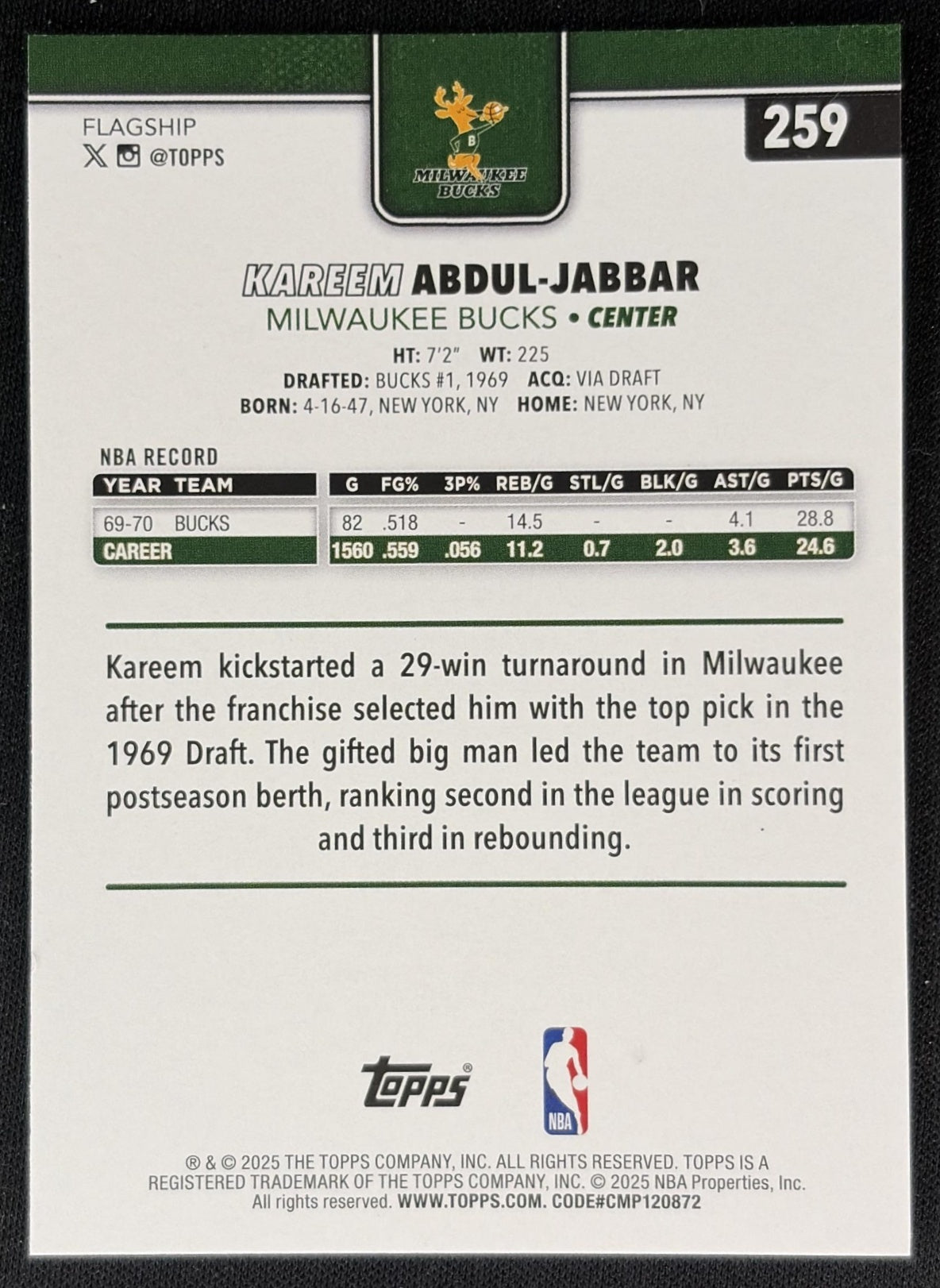 Kareem Abdul-Jabbar 2025 Topps Gold /2025 Bucks back