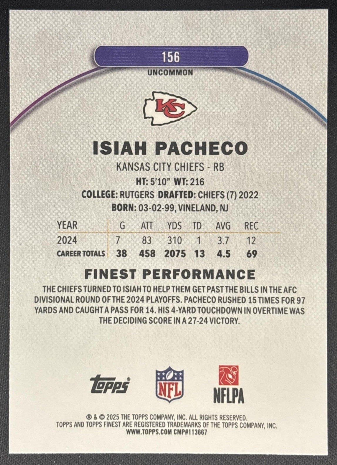 Isiah Pacheco 2025 Topps Finest Uncommon Sky Blue Refractor /250 Chiefs back