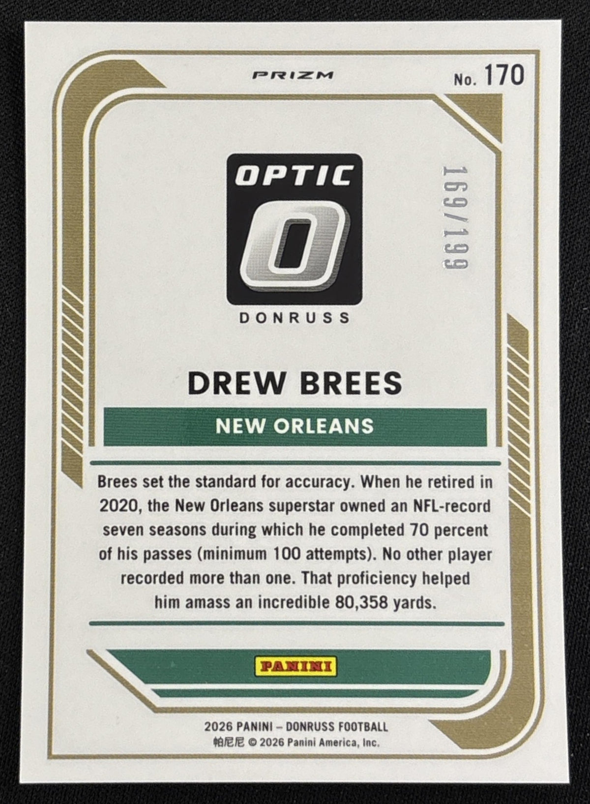 Drew Brees 2026 Panini Donruss Optic Orange /199 Saints back