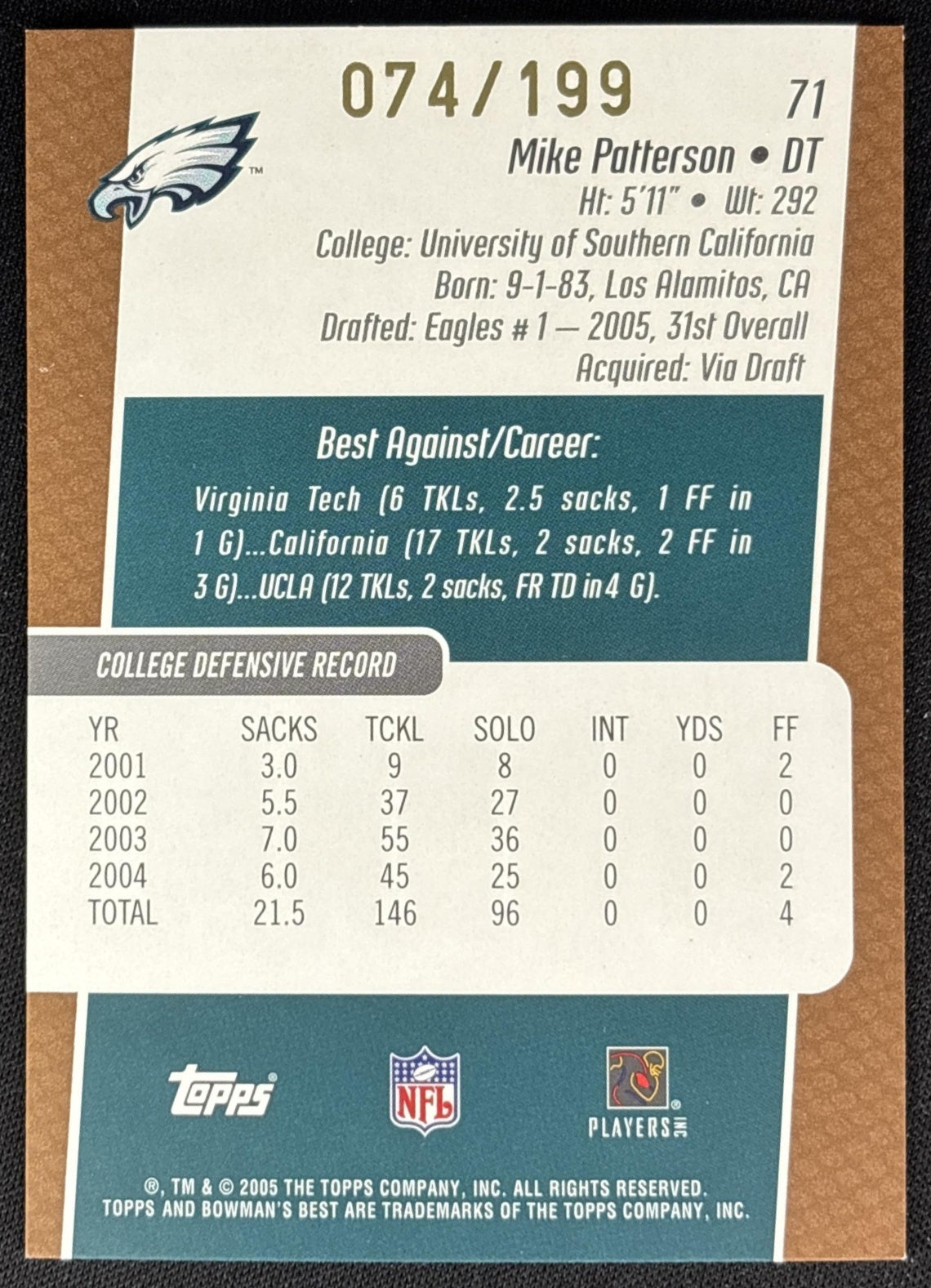 Mike Patterson 2005 Bowman's Best Bronze /199 Eagles Sports Trading Cards