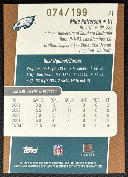 Mike Patterson 2005 Bowman's Best Bronze /199 Eagles Sports Trading Cards
