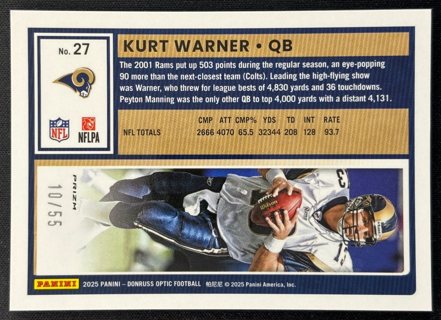 Kurt Warner 2025 Donruss Optic Blue Mojo Prizm /55 Rams sports trading card - back