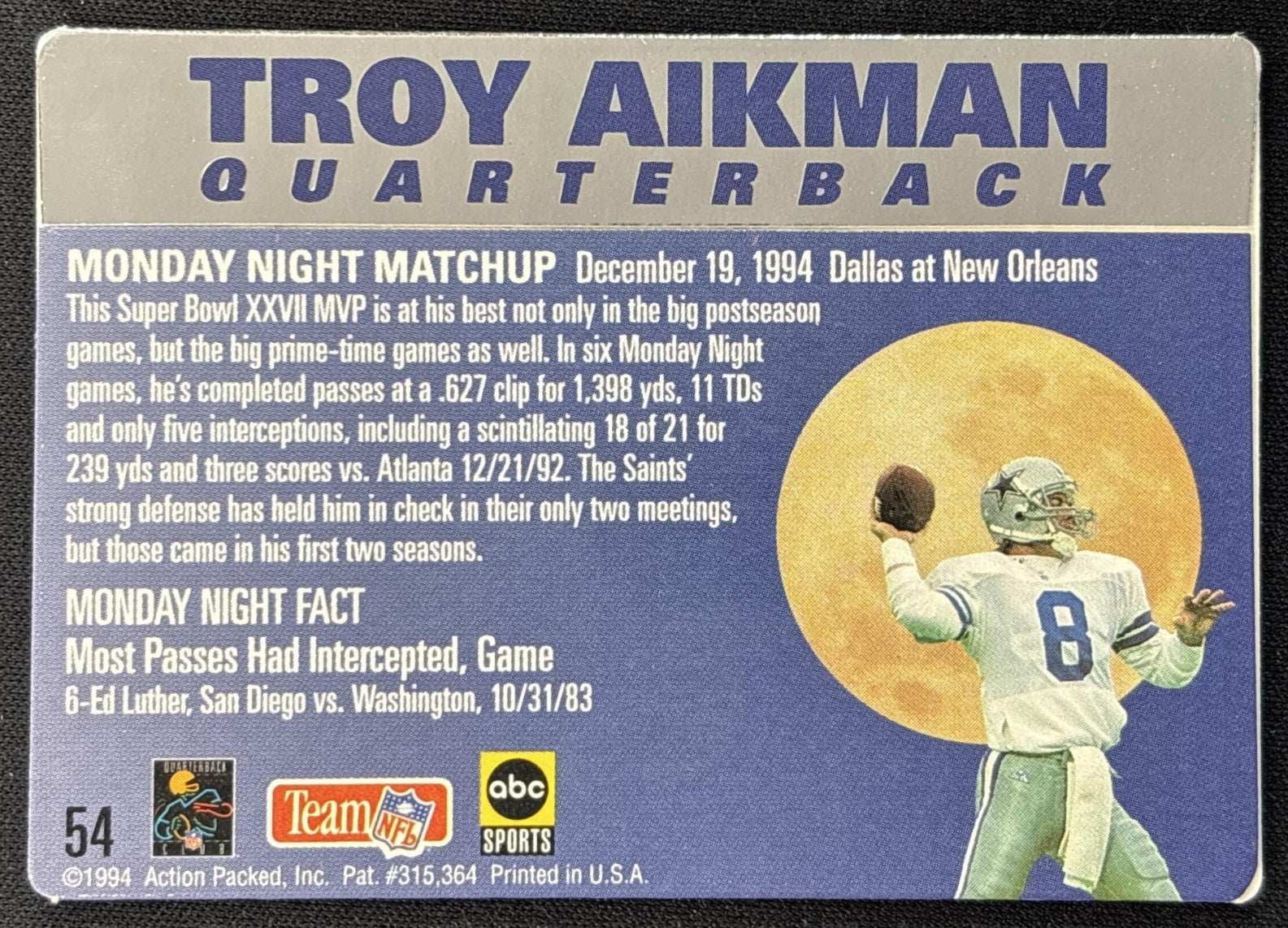 Troy Aikman 1994 Action Packed Monday Night Football Cowboys Sports Trading Card