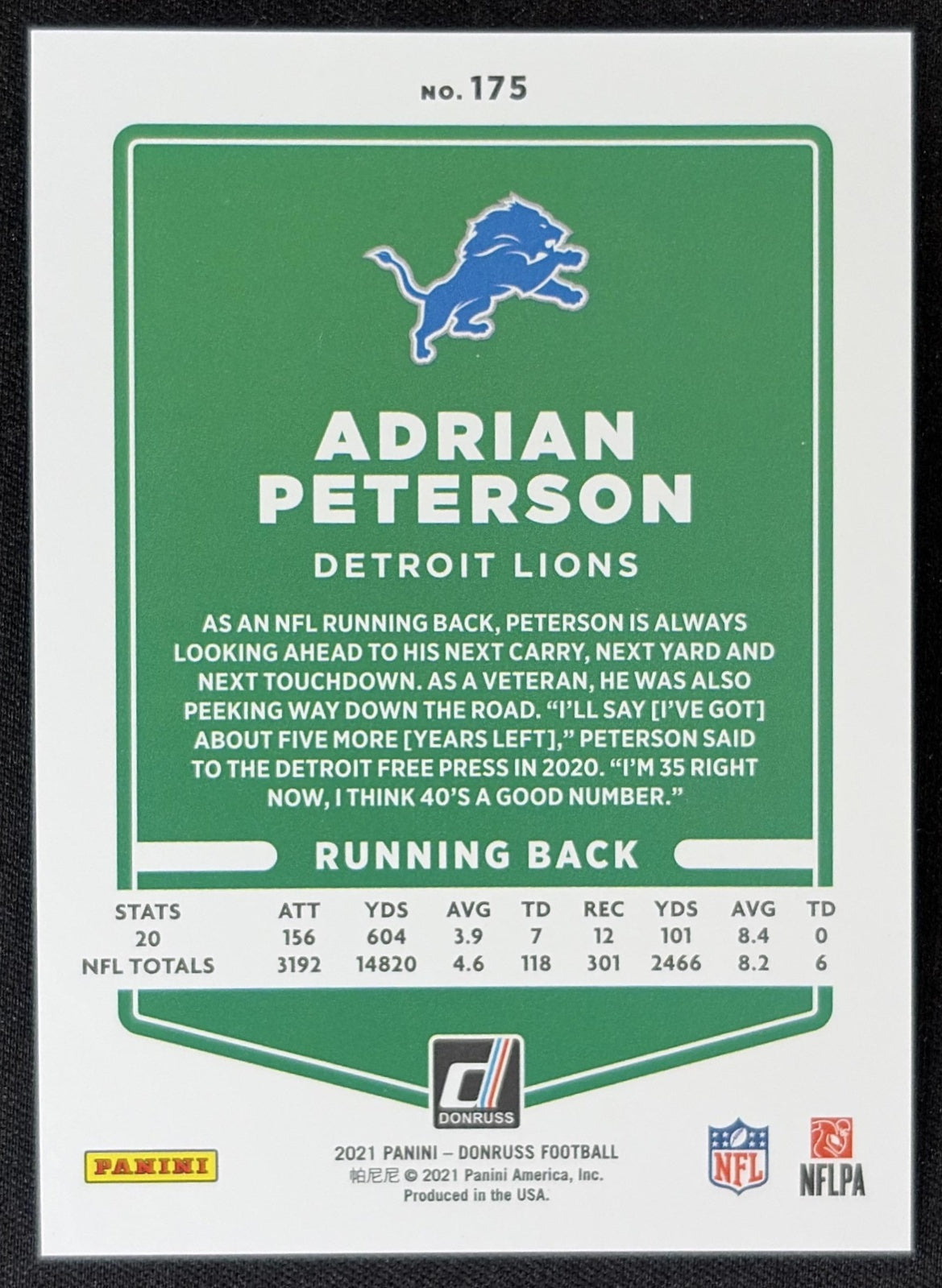 Adrian Peterson 2021 Panini Donruss Press Proof Premium Lions - Detroit Lions