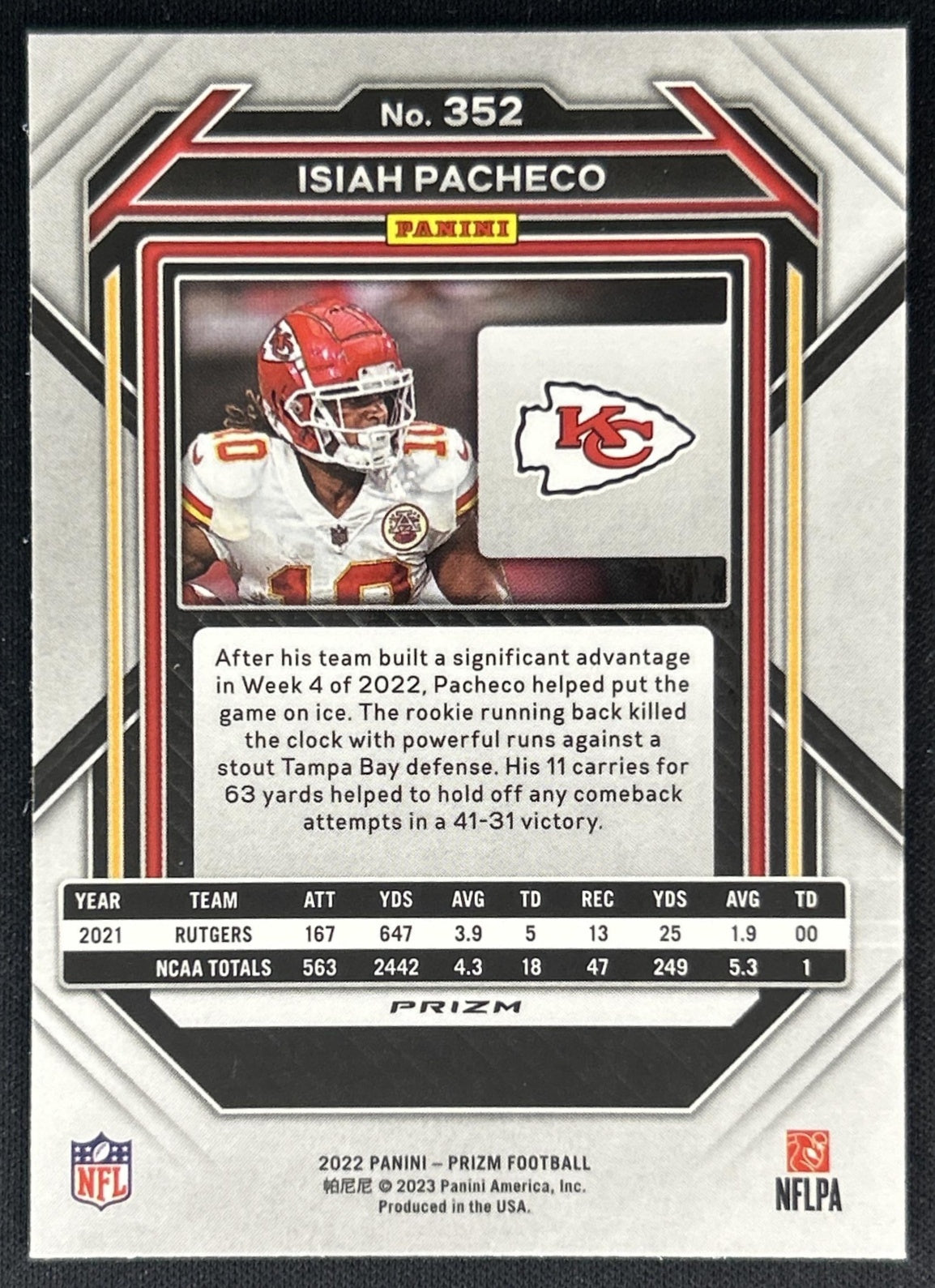 Isiah Pacheco 2022 Panini Prizm Green Chiefs back