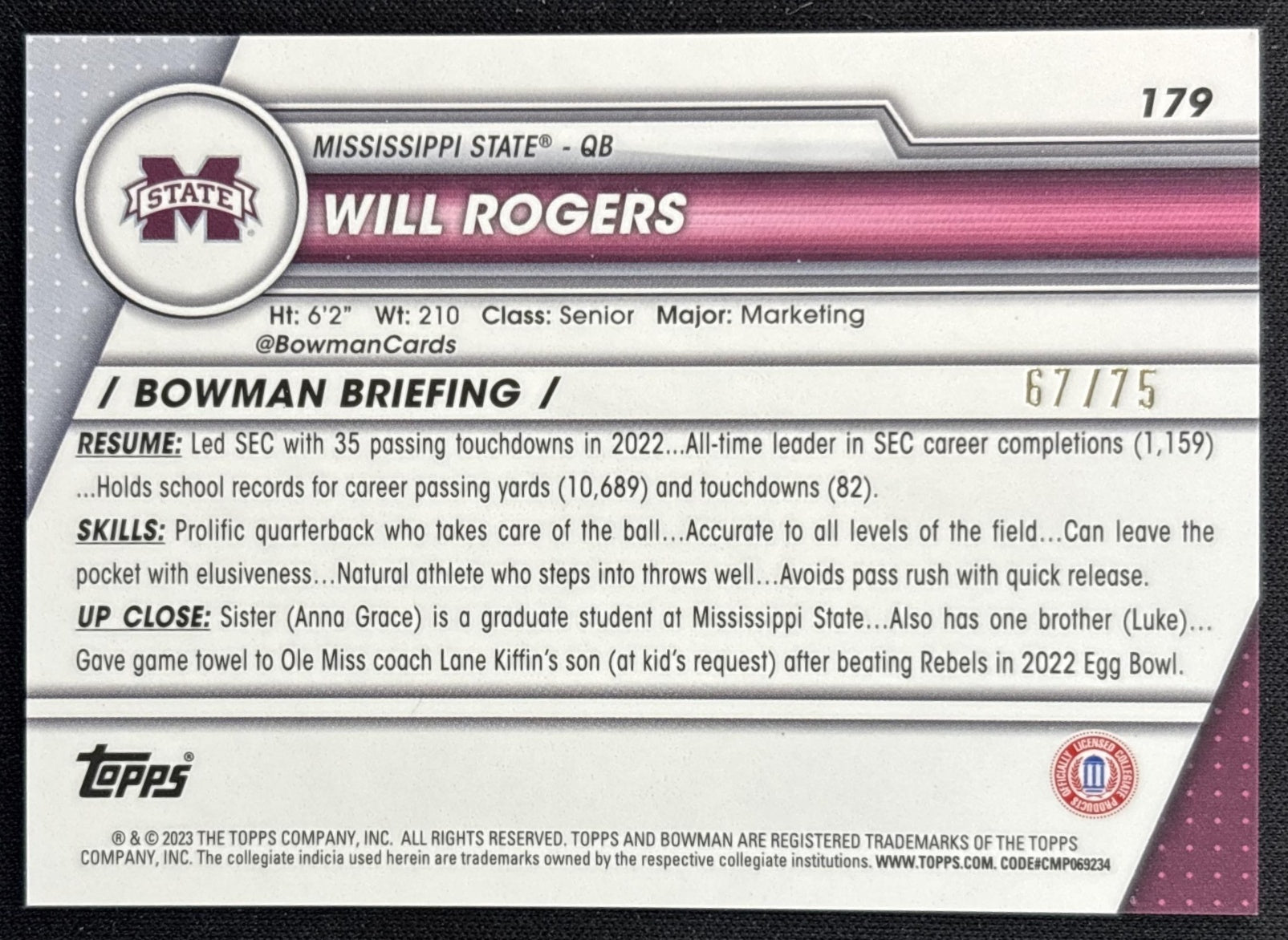 Will Rogers 2023 Bowman University Chrome Sapphire Yellow /75 Bulldogs back