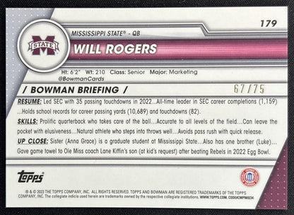 Will Rogers 2023 Bowman University Chrome Sapphire Yellow /75 Bulldogs back