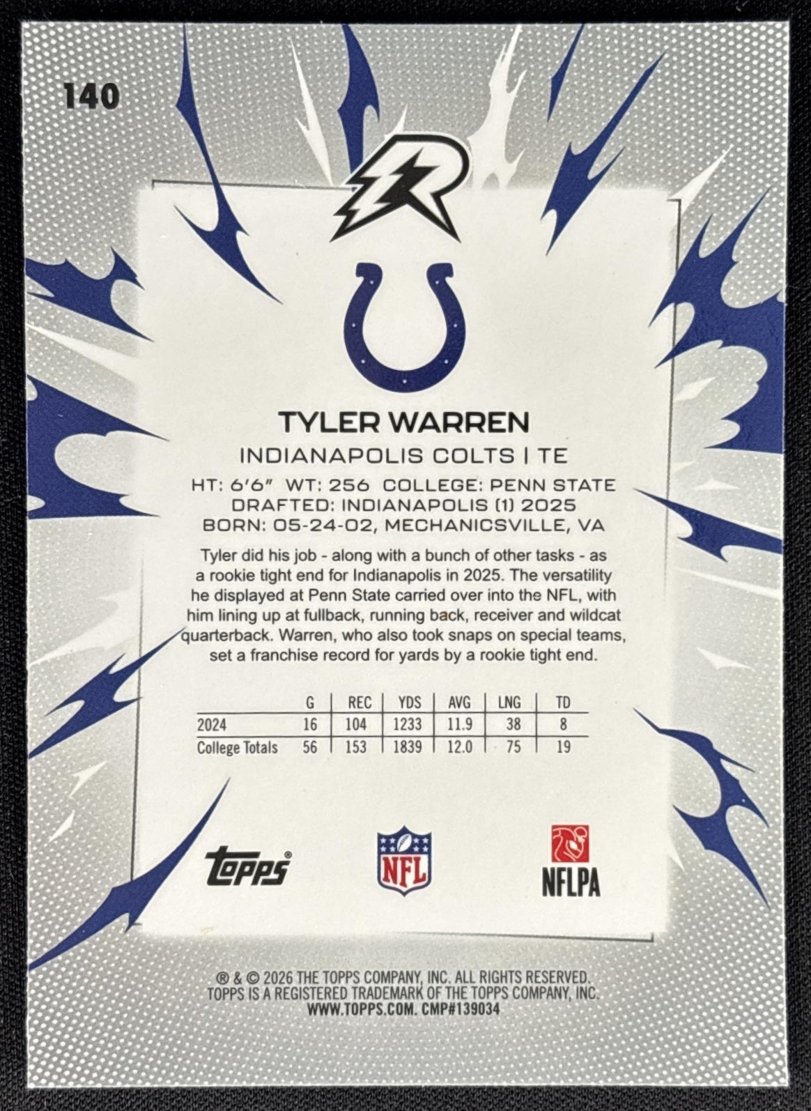 Tyler Warren 2025 Topps Resurgence Blue and Orange Spark Refractor Colts