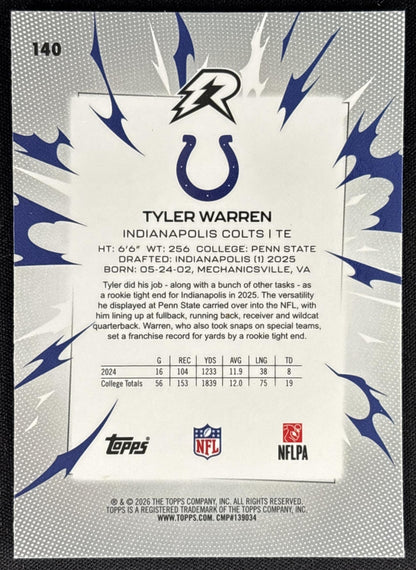Tyler Warren 2025 Topps Resurgence Blue and Orange Spark Refractor Colts