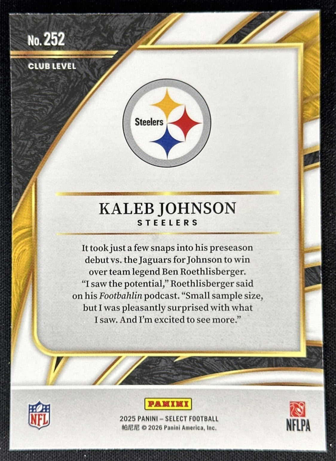 Kaleb Johnson 2025 Panini Select Club Level Steelers back