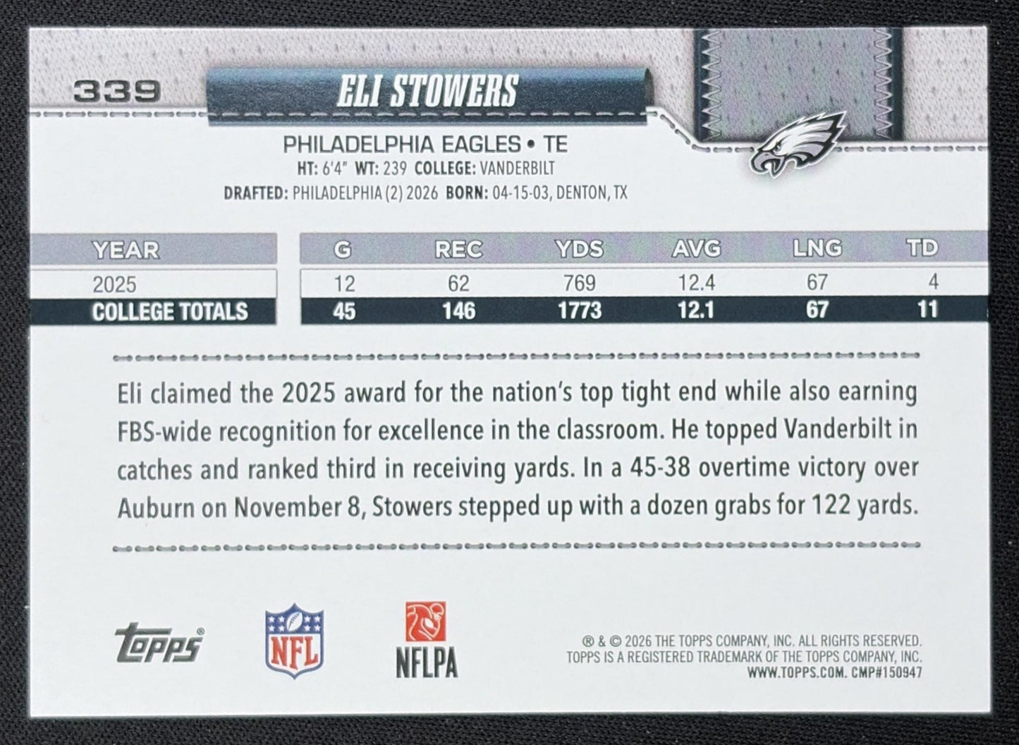 Eli Stowers 2026 Topps Team Color Border Variation Eagles back