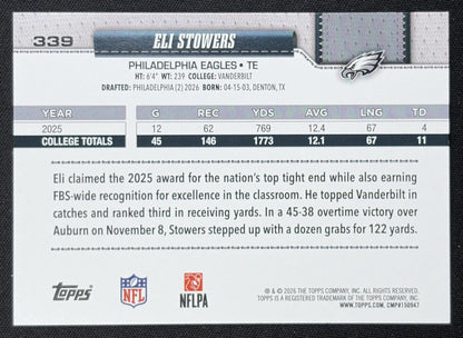 Eli Stowers 2026 Topps Team Color Border Variation Eagles back