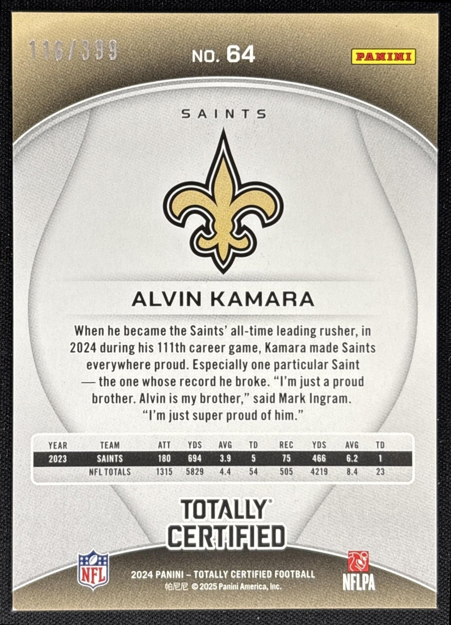 Alvin Kamara 2024 Panini Totally Certified Mirror Blue /399 Saints