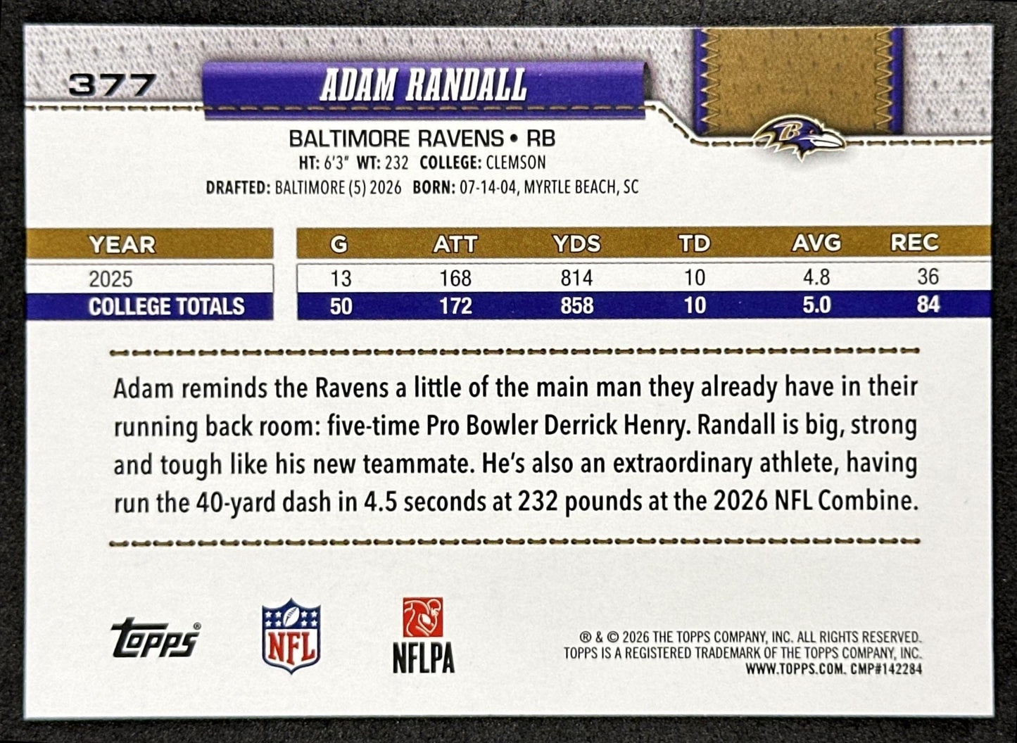 Adam Randall 2026 Topps Flagship Rookie Ravens Sports Trading Cards