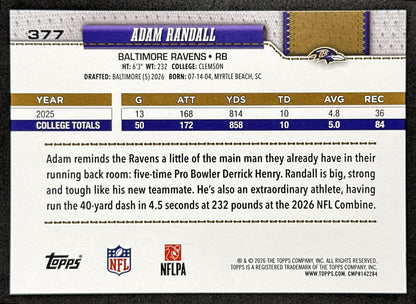 Adam Randall 2026 Topps Flagship Rookie Ravens Sports Trading Cards
