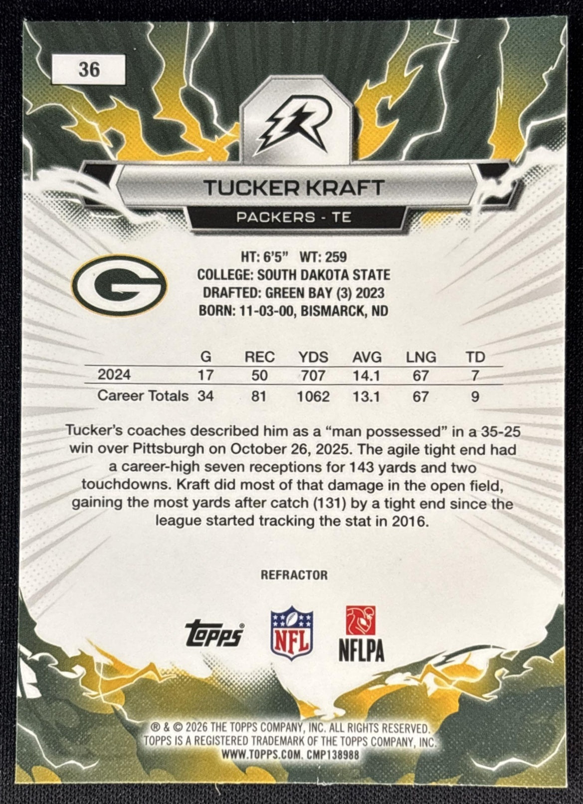 Tucker Kraft 2025 Topps Resurgence Refractor Packers Green Bay Packers Sports Trading Cards