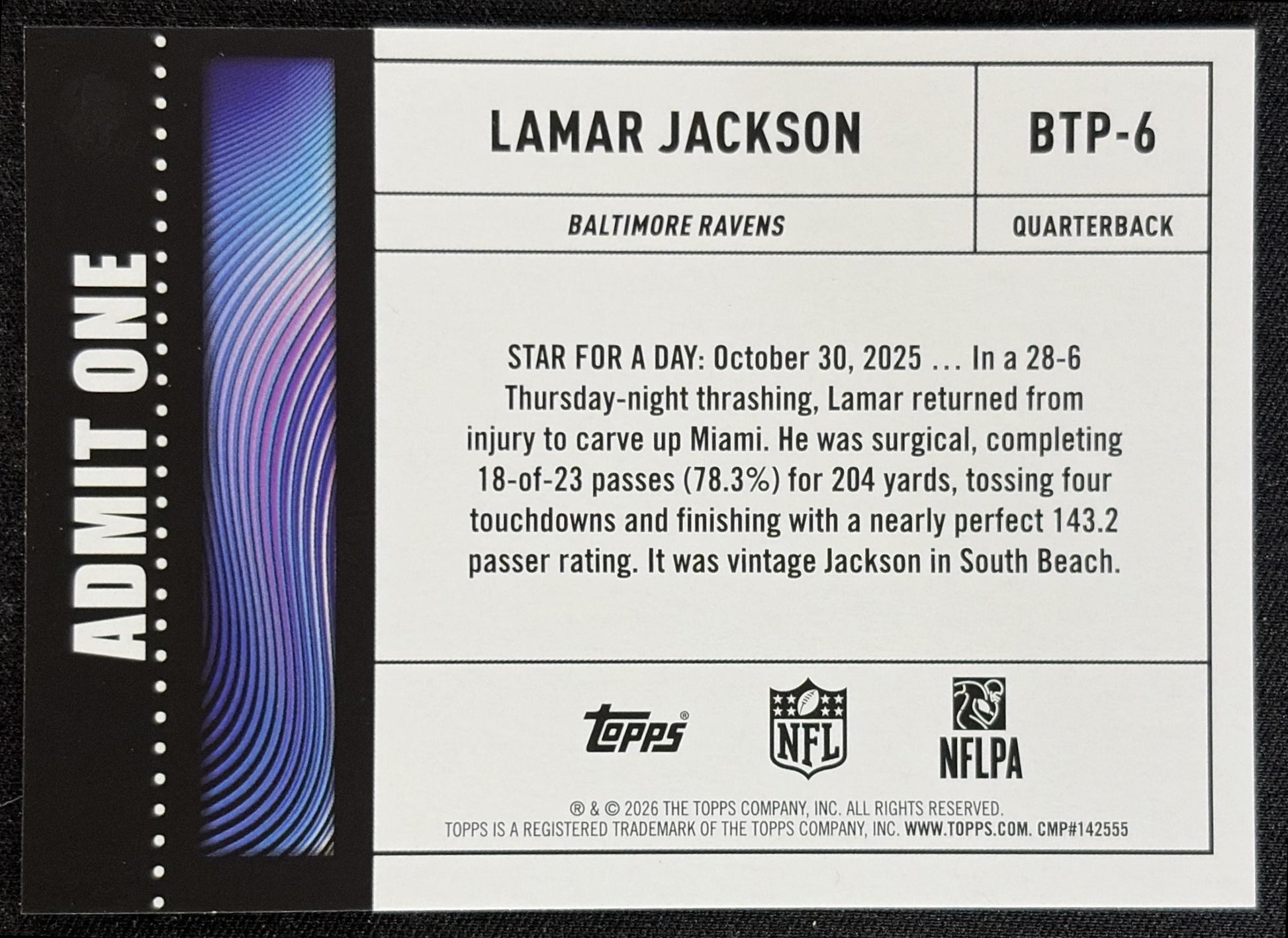Lamar Jackson 2026 Topps Big Ticket Players Ravens back