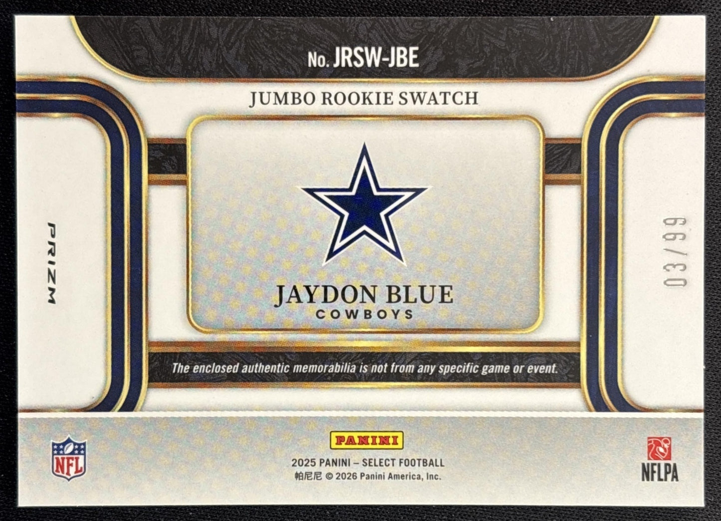 Jaydon Blue 2025 Panini Select Jumbo Rookie Swatch White Prizm /99 Cowboys back