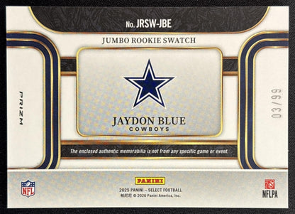 Jaydon Blue 2025 Panini Select Jumbo Rookie Swatch White Prizm /99 Cowboys back