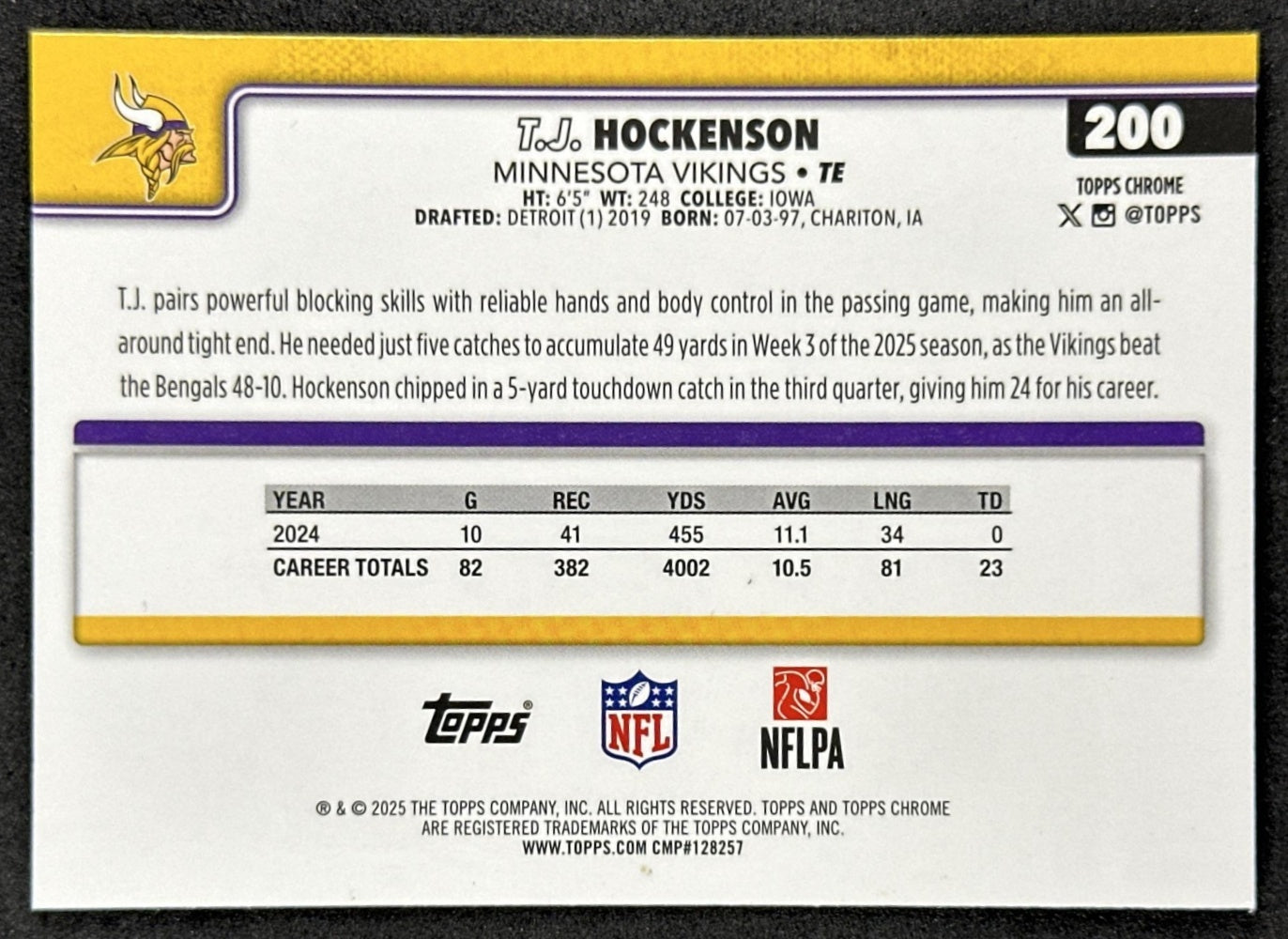 T.J. Hockenson 2025 Topps Chrome Pulsar Refractor Vikings back